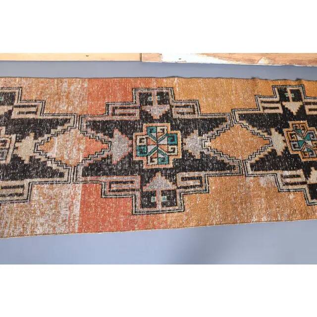 Vintage natural Turkish hand-knotted runner orange rug 80x348