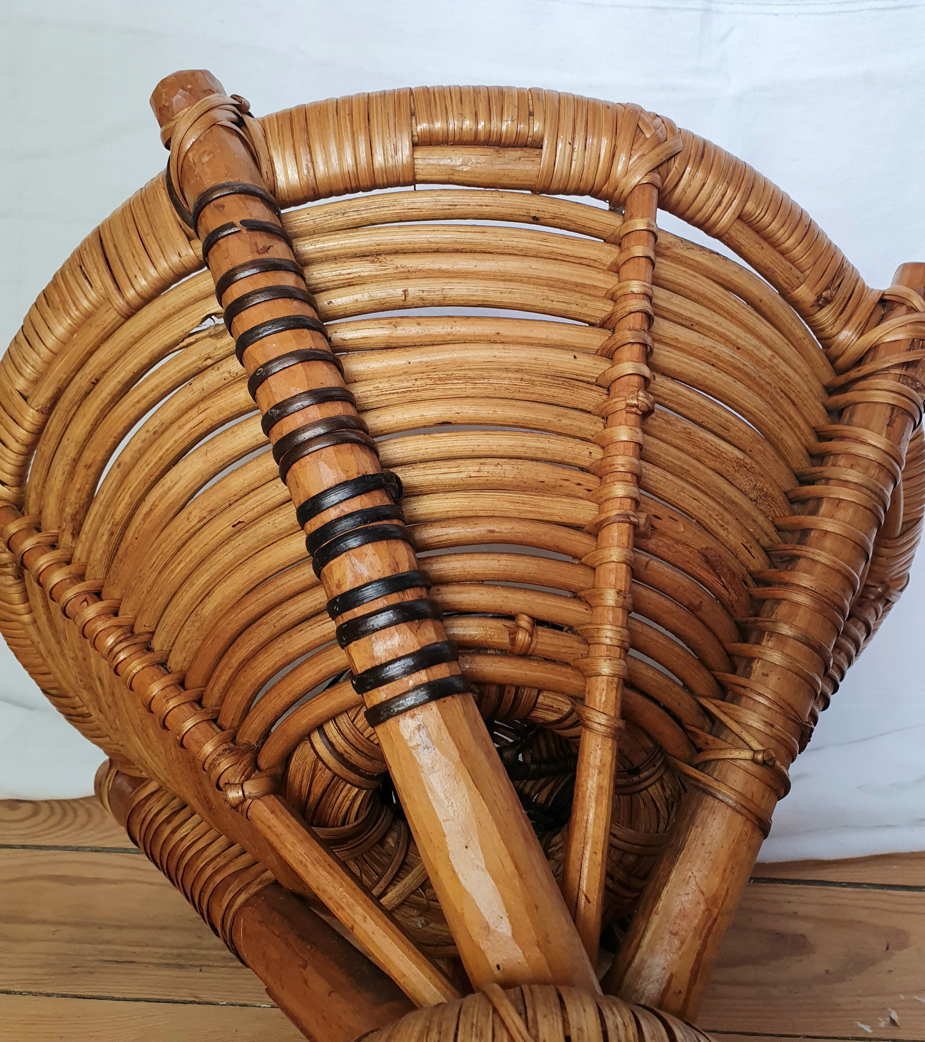 Basket on wooden and woven wicker legs 1950