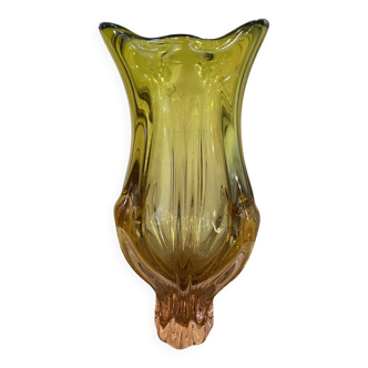 Bohemian glass vase by Joseph Hospodska in pink and yellow