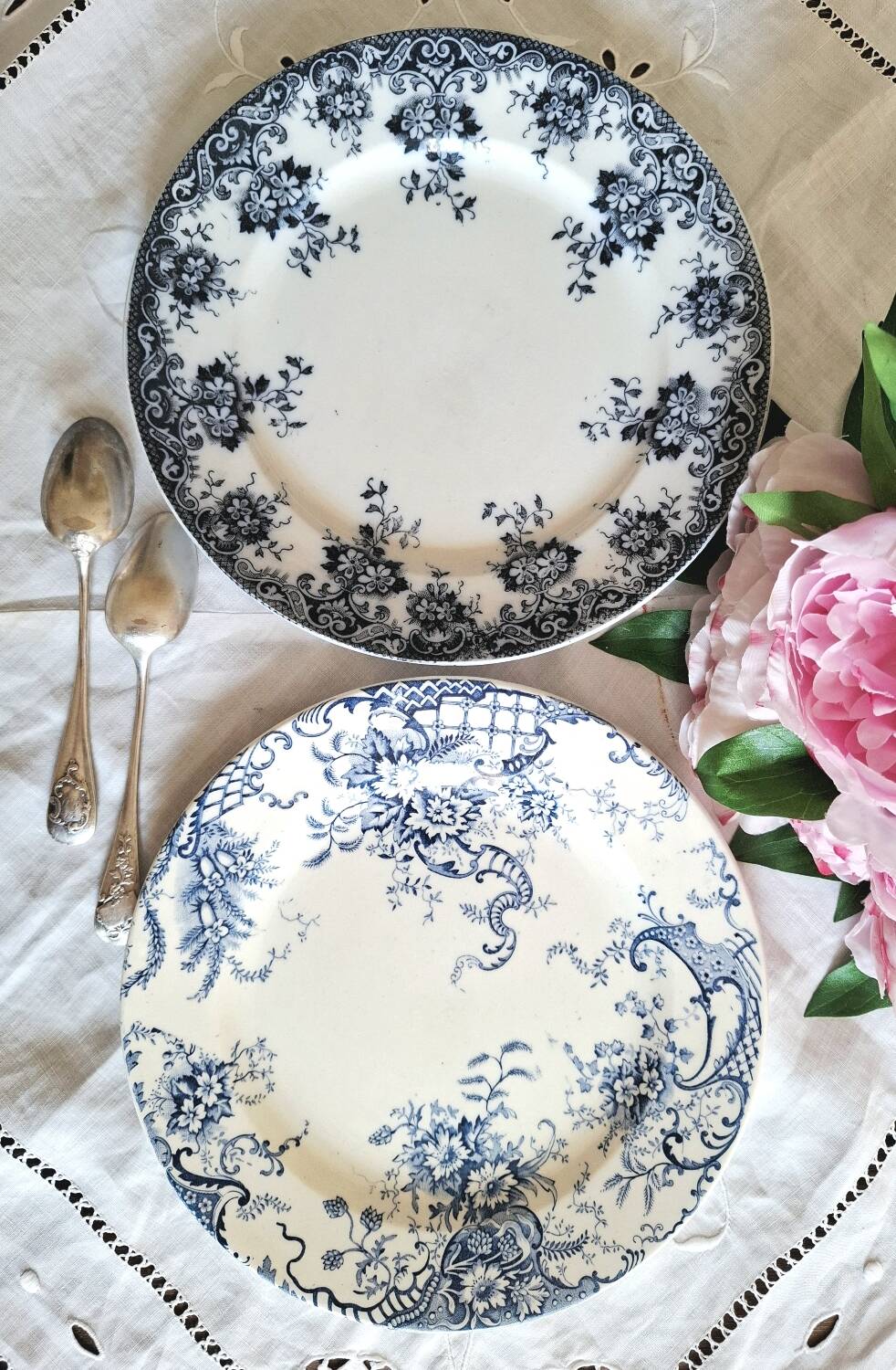 Antique earthenware dessert plates accompanied by a dish