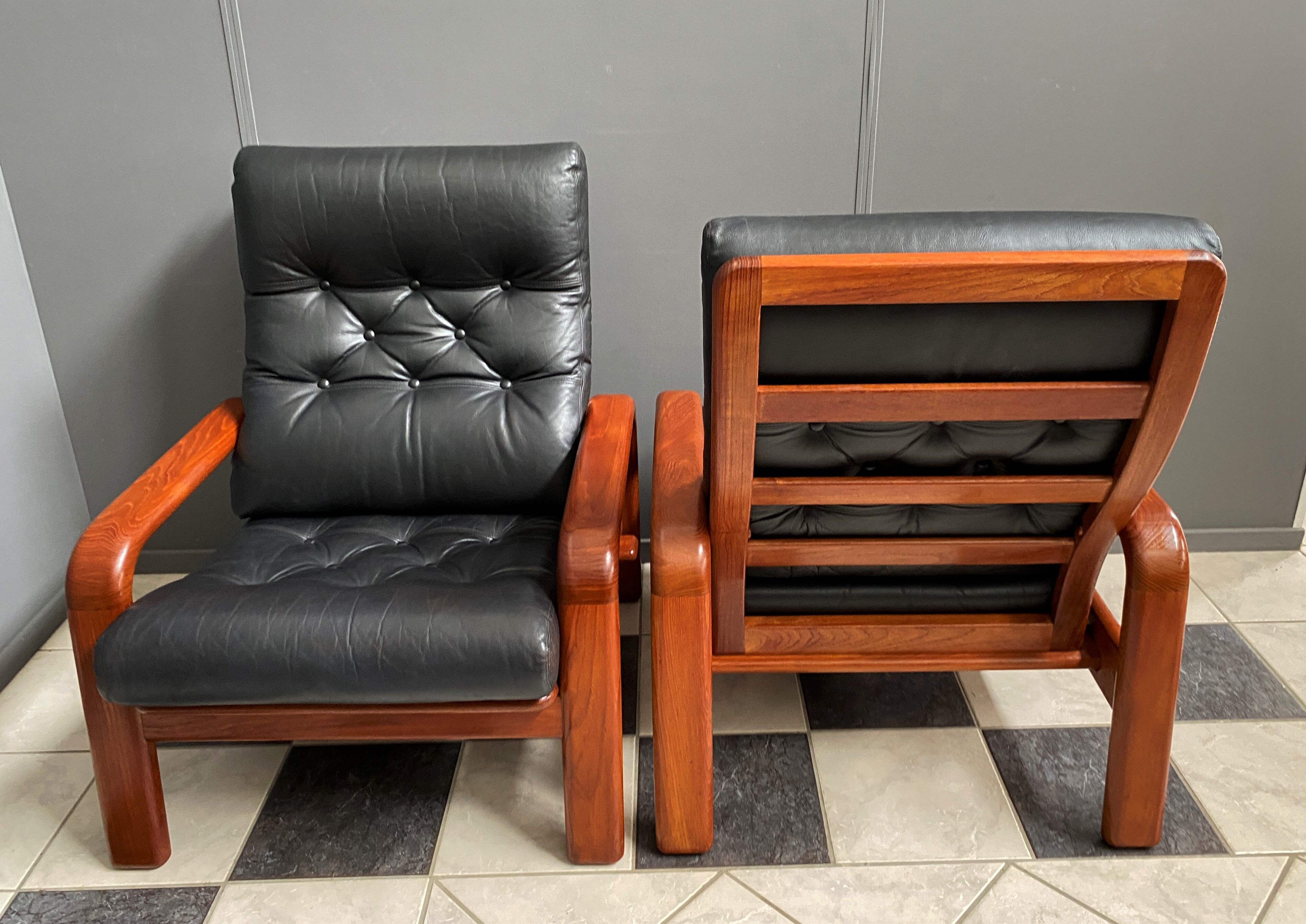 Set of two Danish teak and leather chairs by HS Denmark 1970s