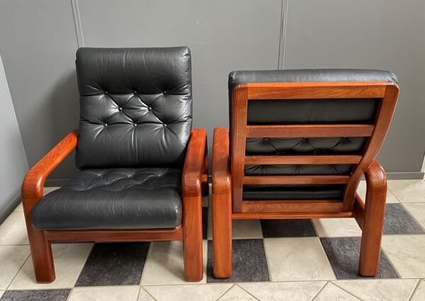 Ensemble de deux fauteuils danois en teck et cuir par HS Danemark 1970s
