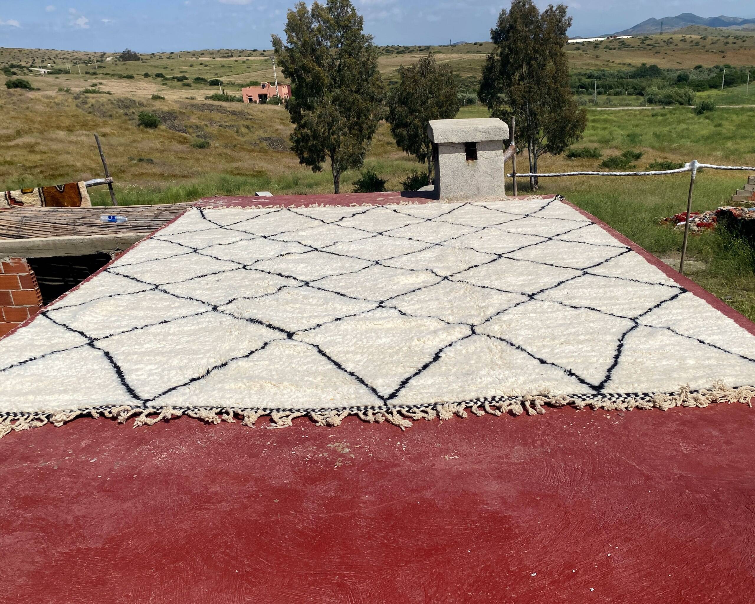Very large vintage Beni Ouarain rug in cream wool with black diamonds, 426x344cm.