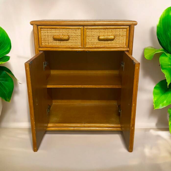 Vintage wooden and rattan chest of drawers