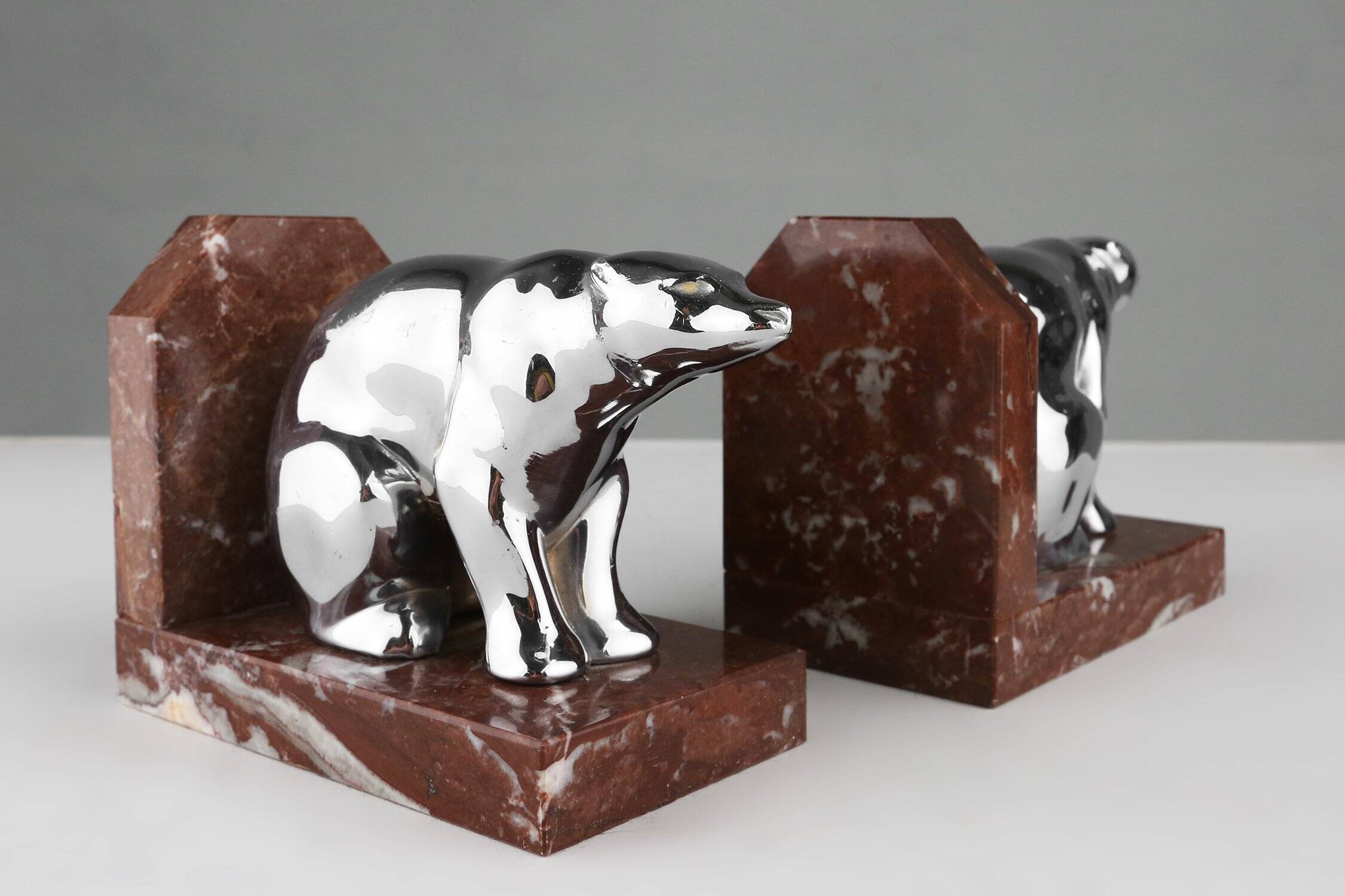 Art Deco Marble and Metal Bear Bookends, France 1930s