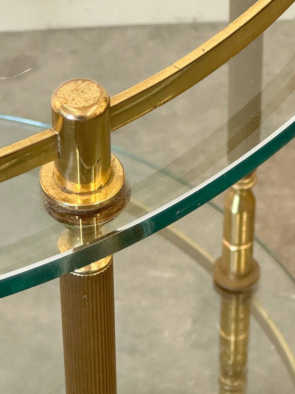 1970s mid-century modern Italian brass and glass round bar cart, Italy.