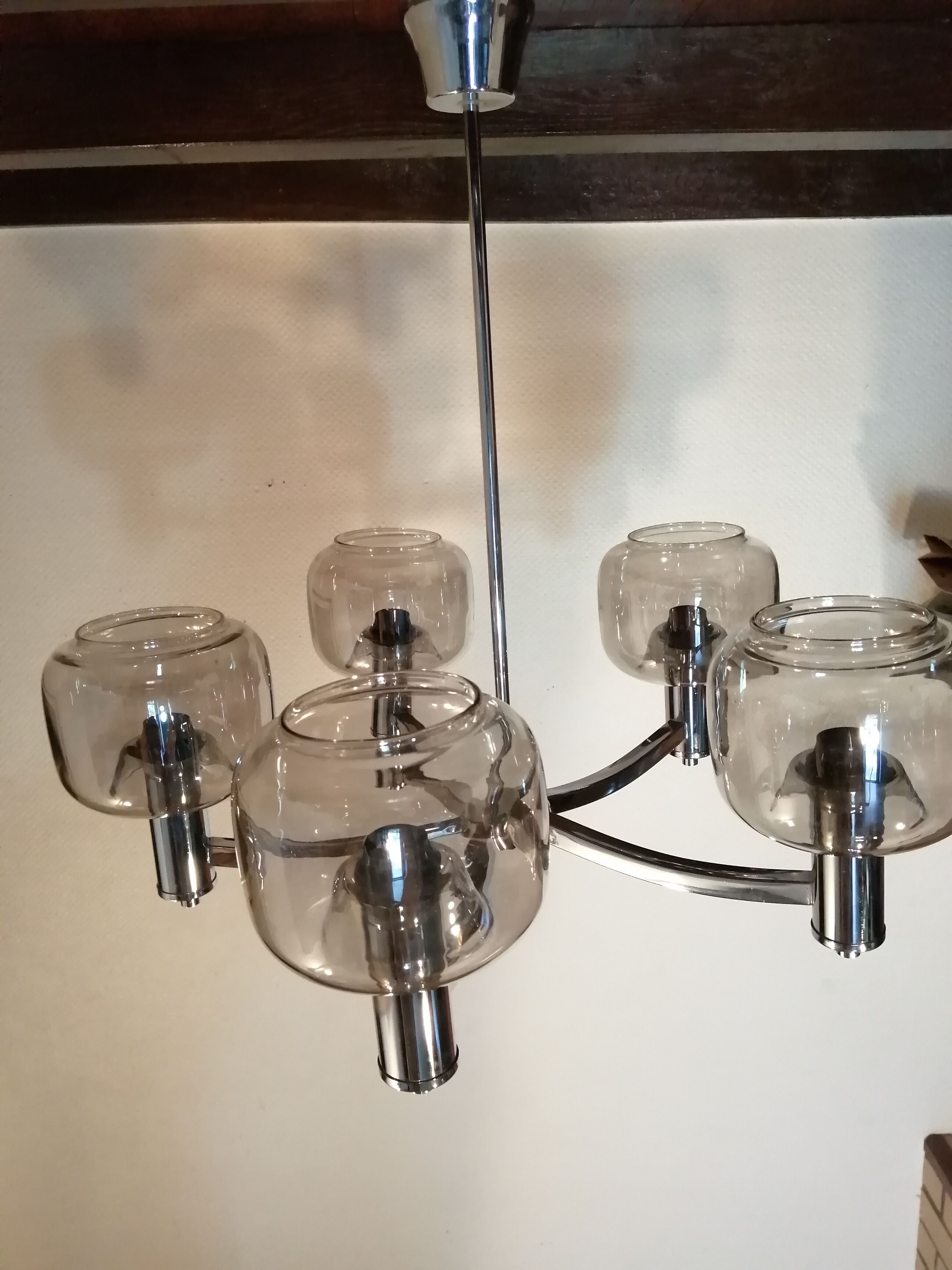 5-spoke chromed metal chandelier and smoked glass globes from Maison See Delmas 1970 vintage