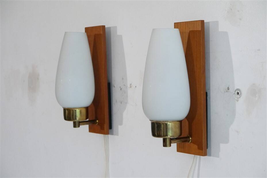 Pair of Danish teak and opaline glass wall lights