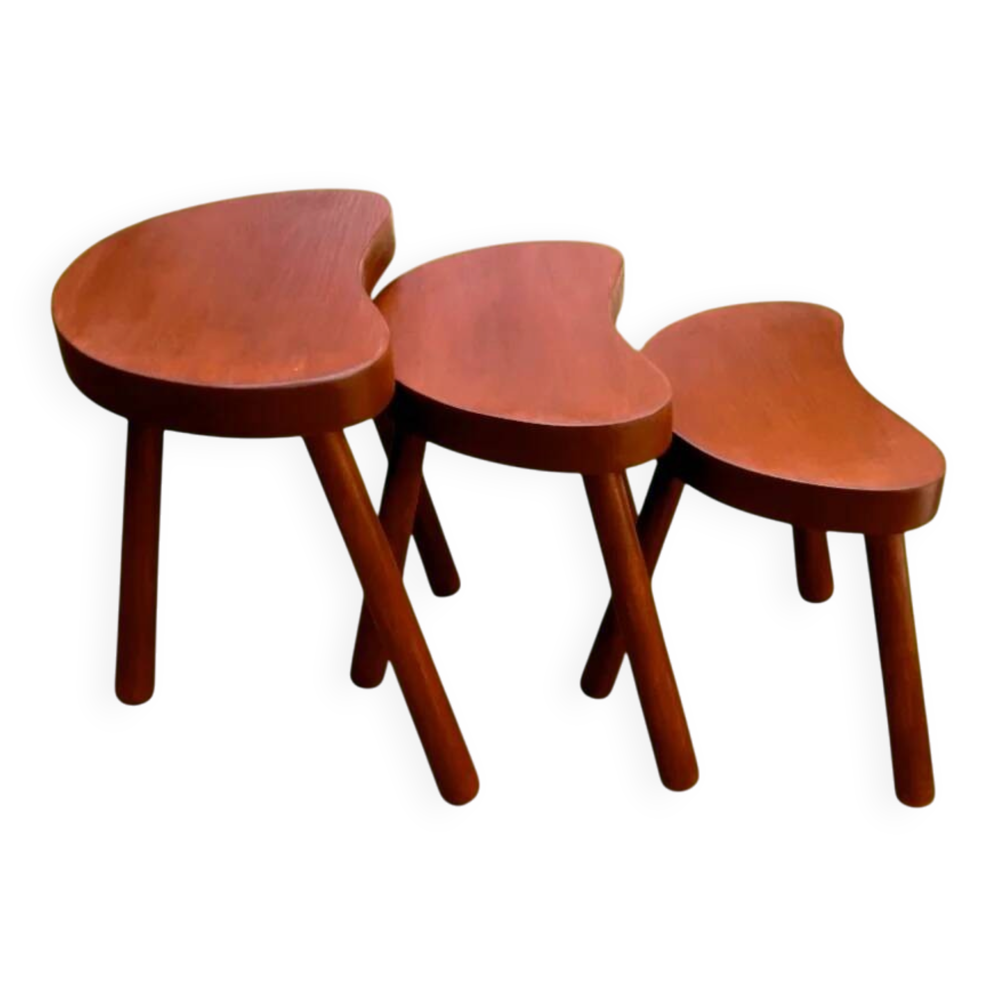Trio de tabourets gigognes en bois lasuré forme haricot - années 60-70
