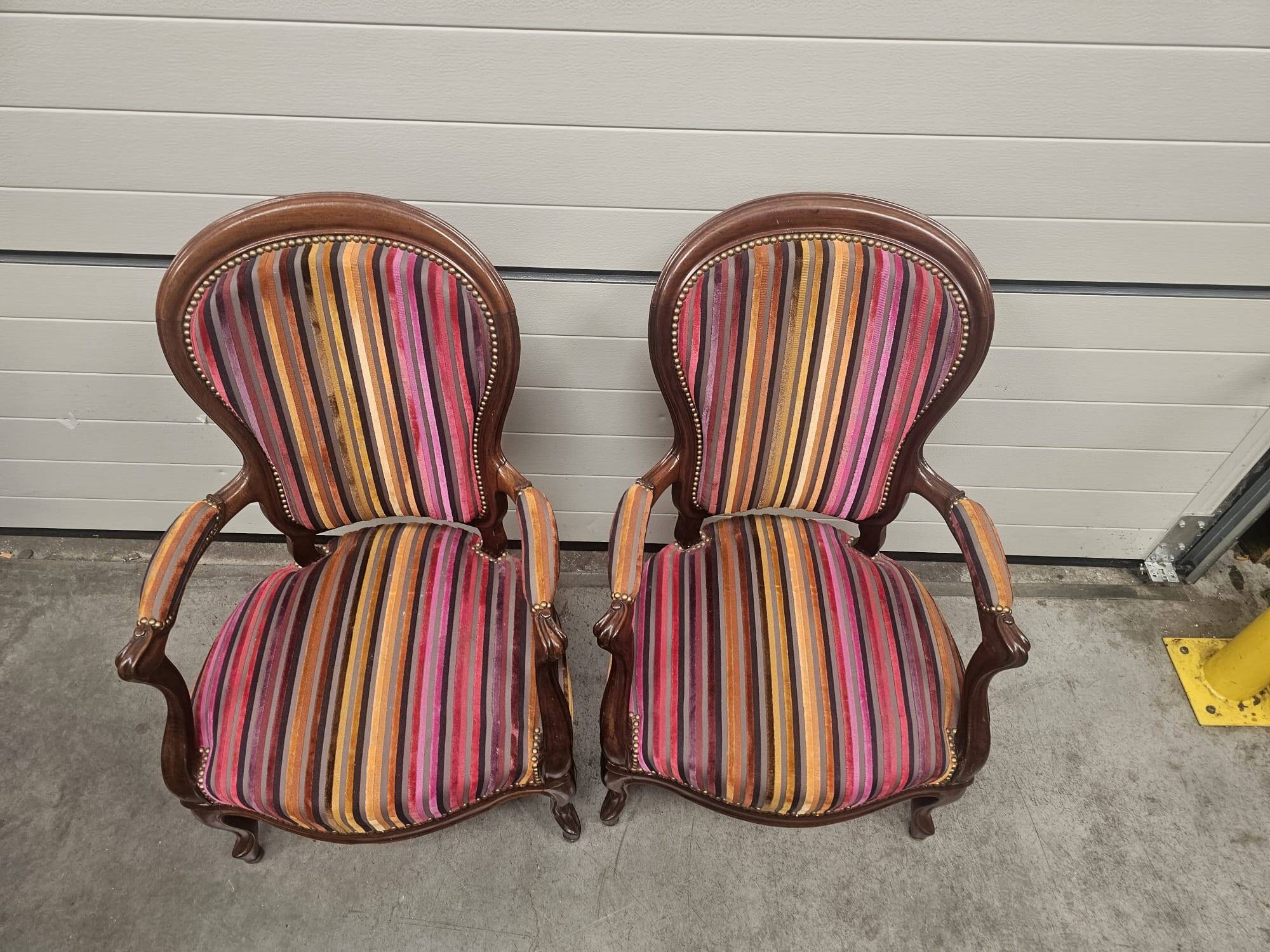 Pair of Louis Philippe armchairs in multi-colored striped velvet