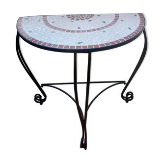 Ceramic half-moon table and wrought iron