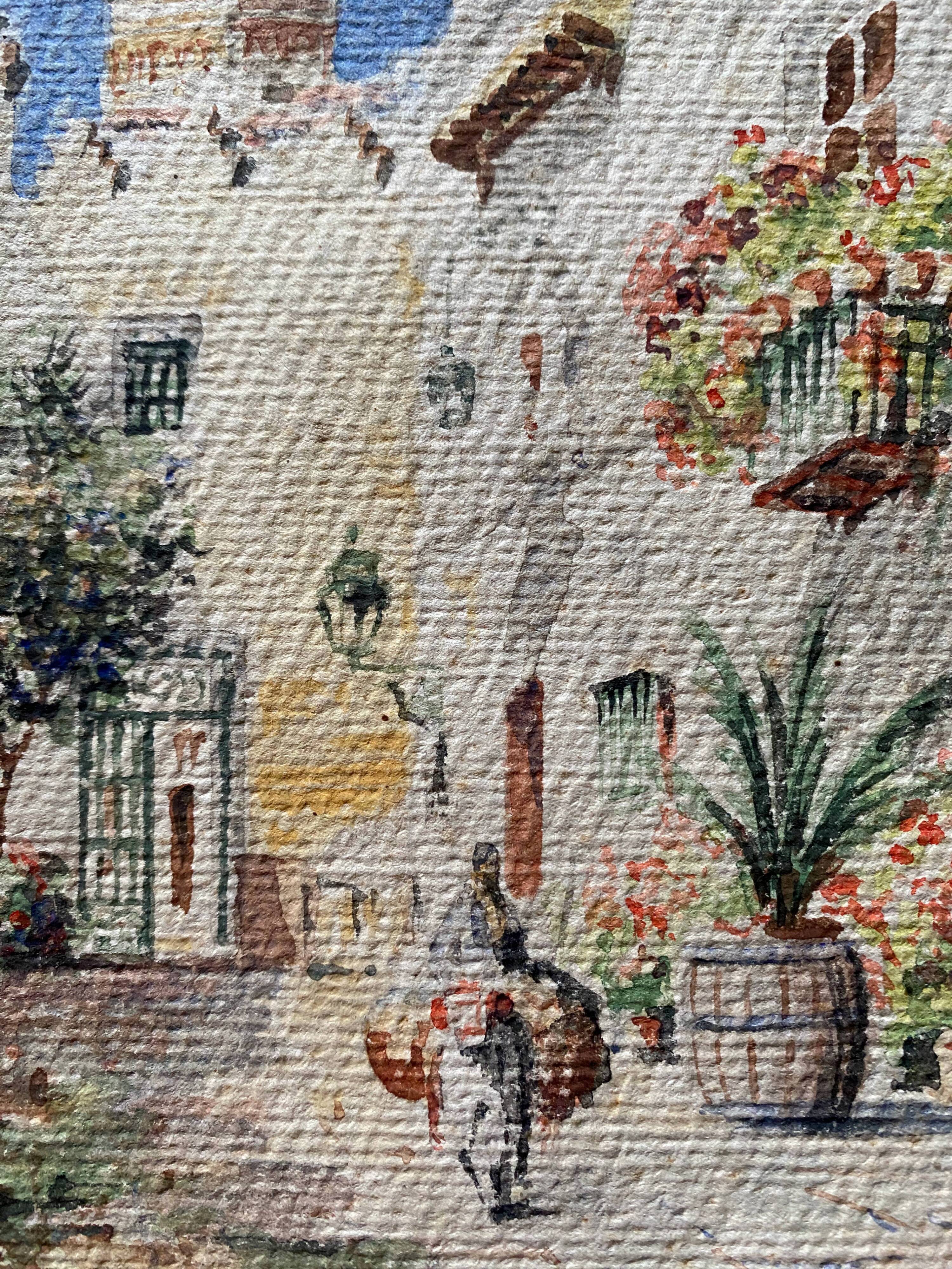 Watercolor Painting "Orientalist landscape" lively alley and mosque