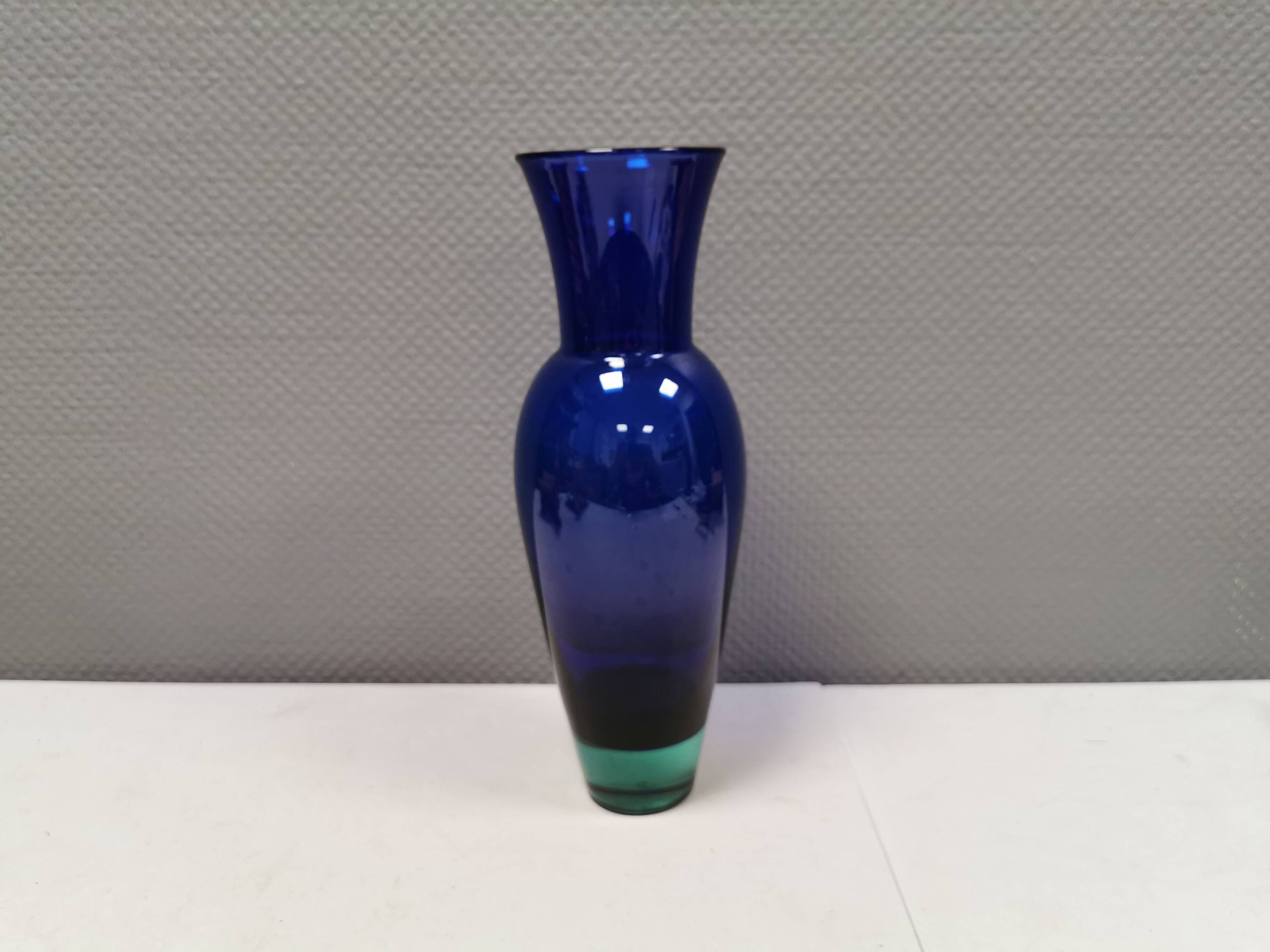 Holmegaard Harlequin Glass vase in blue with thick green base. Designed by Anja Kjær in 1994.
