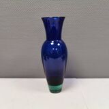 Holmegaard Harlequin Glass vase in blue with thick green base. Designed by Anja Kjær in 1994.
