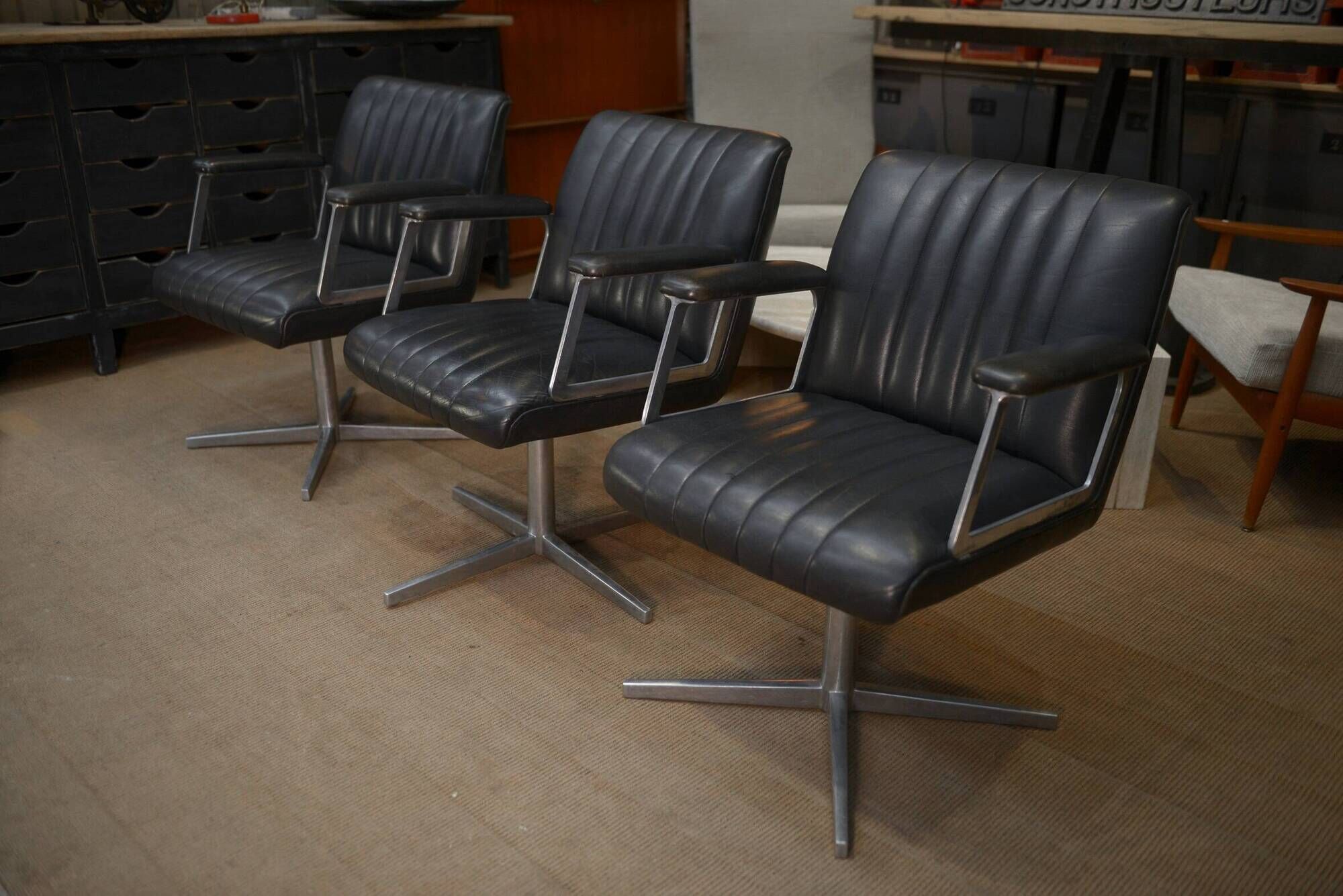 Set of 3 designer swivel metal leather office armchairs 1970