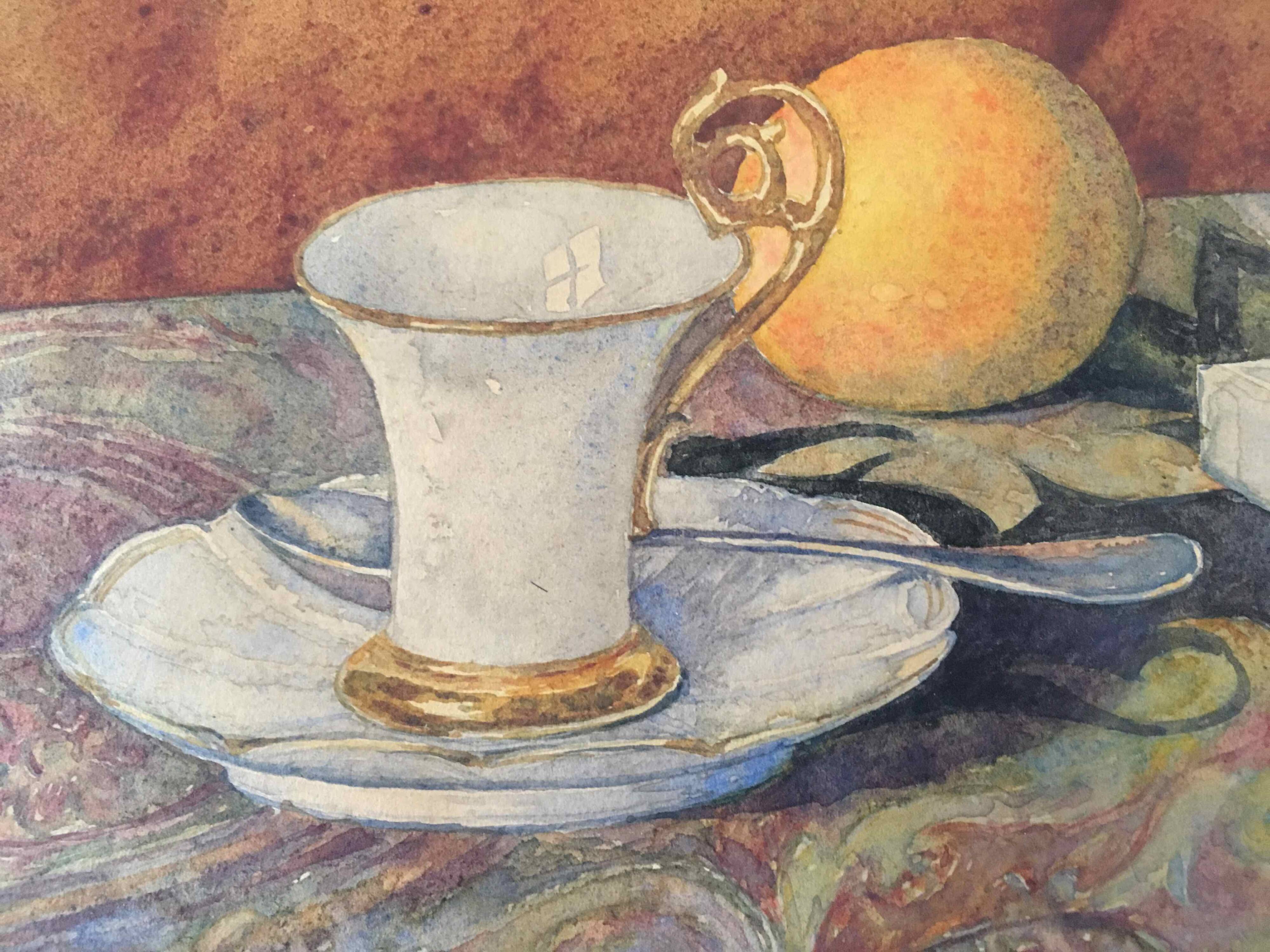 Old watercolor painting with oranges