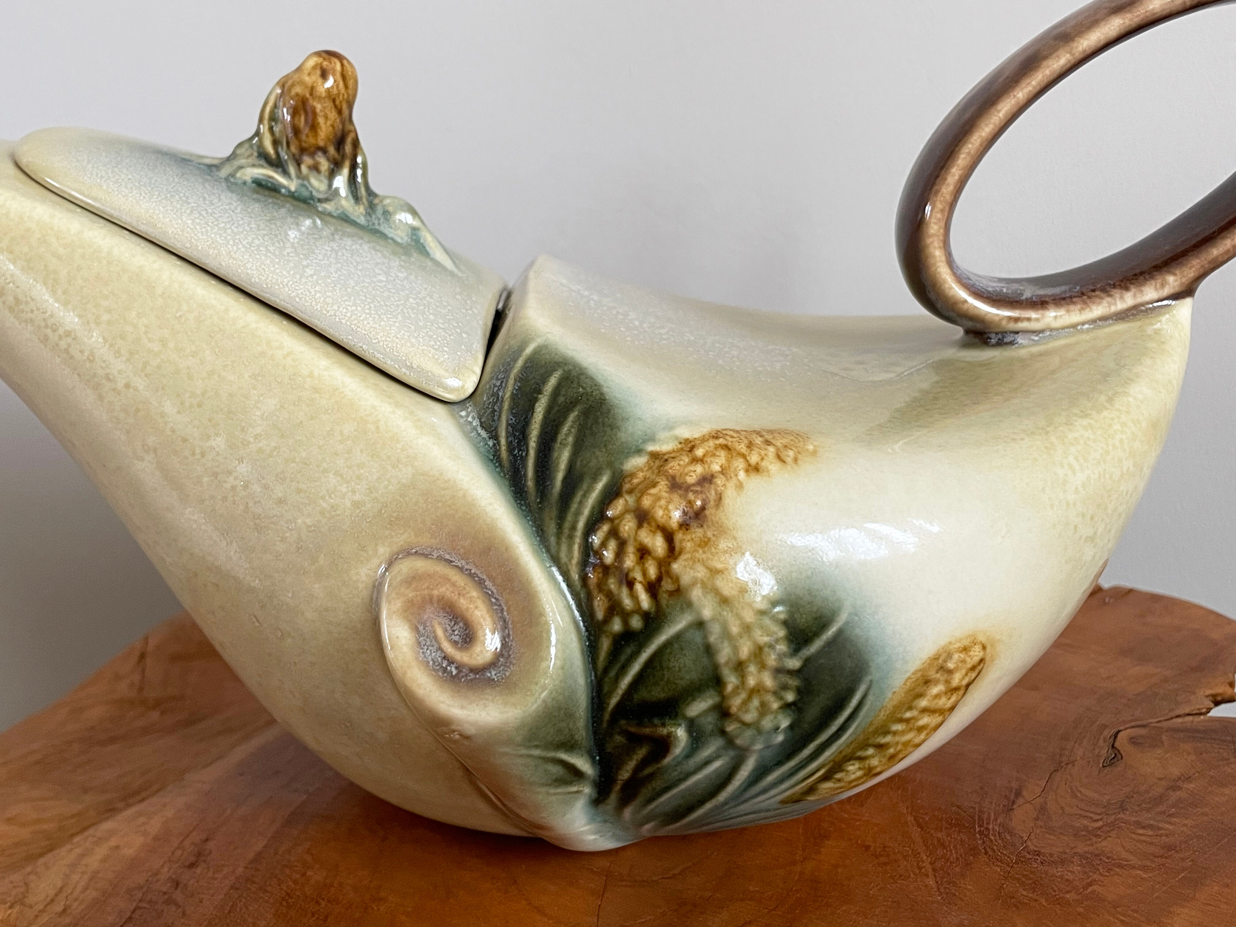 Hull pottery tea set parchment and pine, tea pot, creamer & sugar pot, american embossed majolica