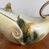 Hull pottery tea set parchment and pine, tea pot, creamer & sugar pot, american embossed majolica