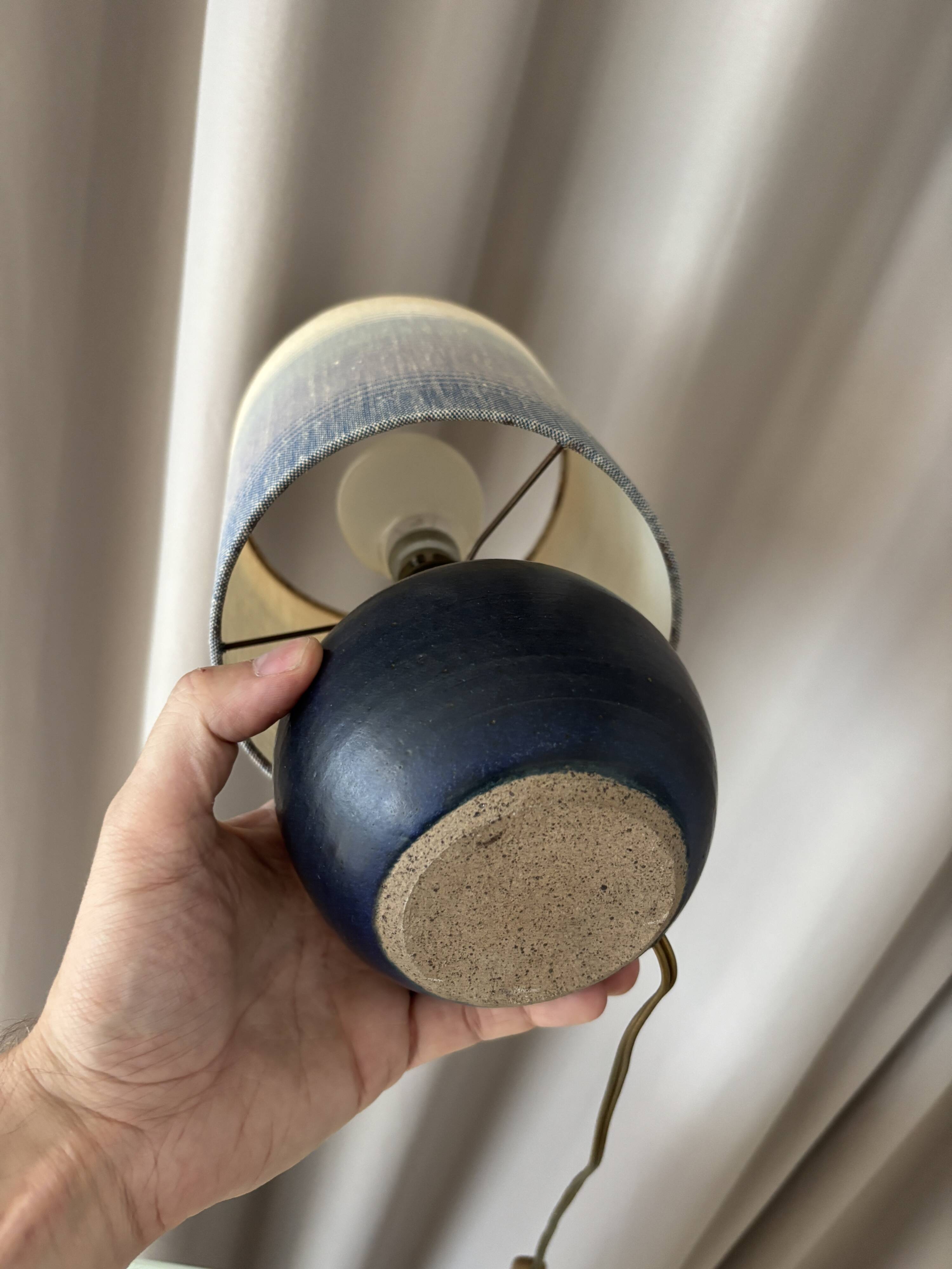 Vintage Mid-Century Studio Pottery Table Lamp – Signed JM – Blue Stoneware