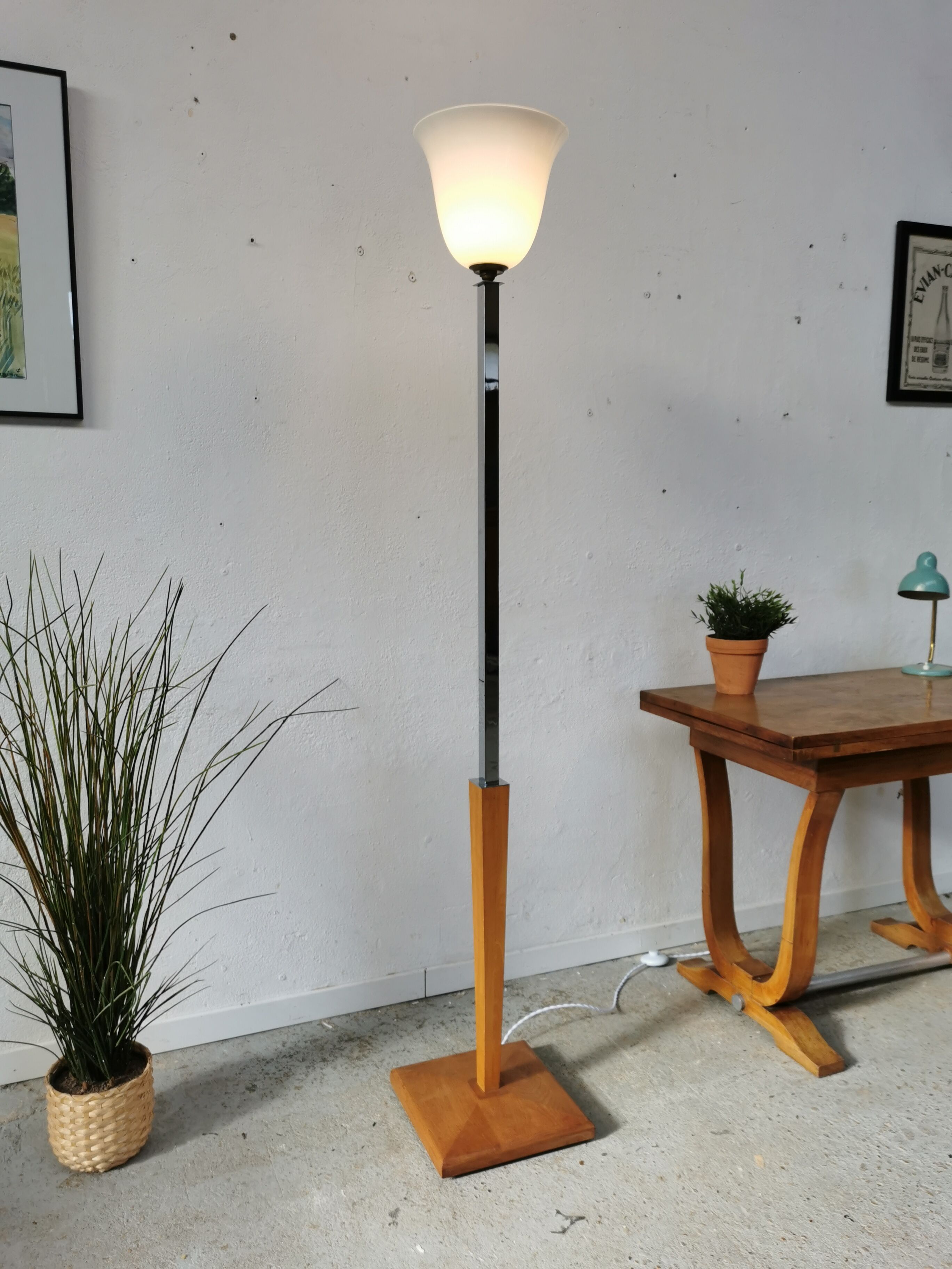Art deco floor lamp Mazda chrome opaline wood