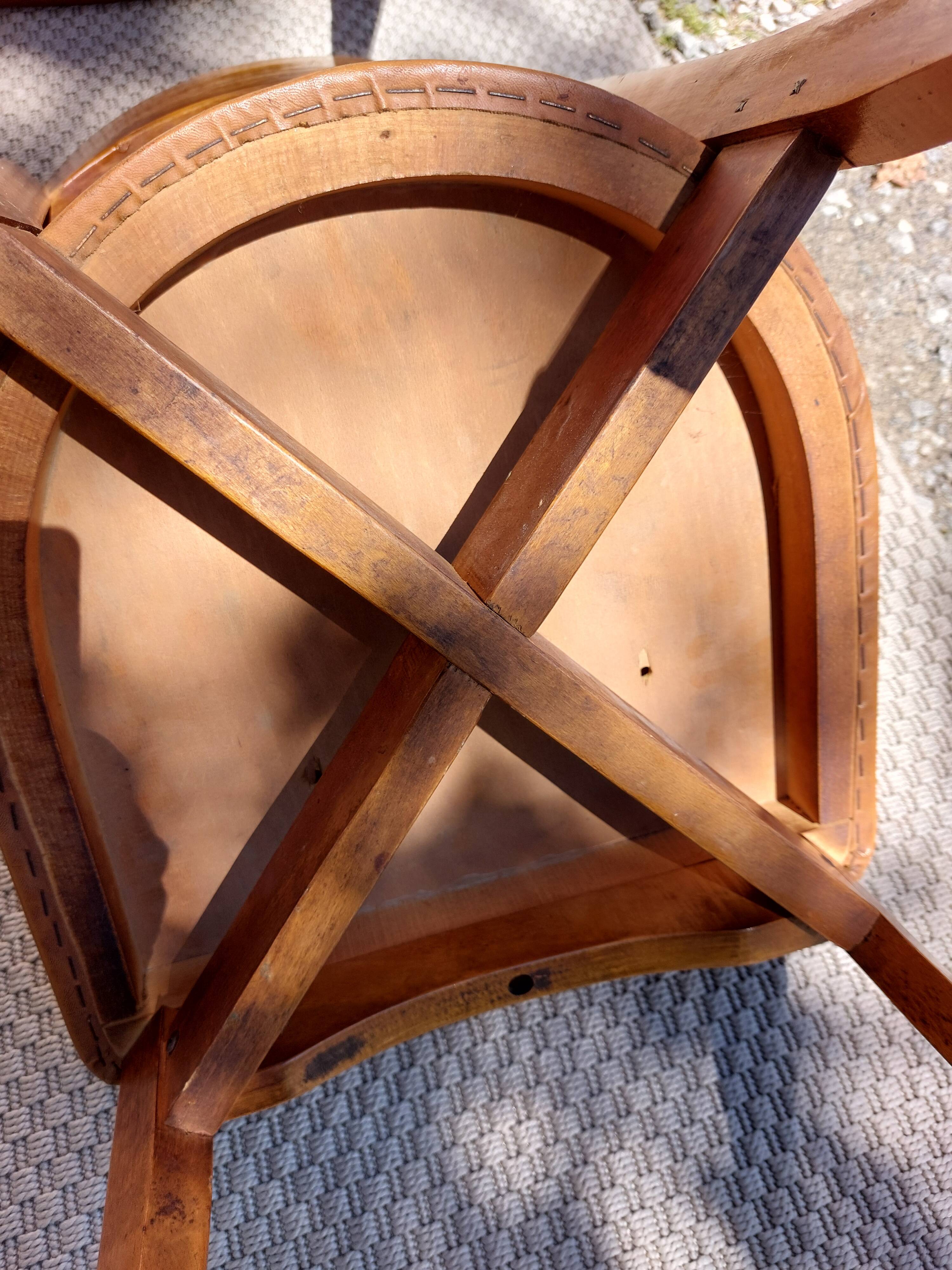 6 vintage 1960s wooden bistro chairs with camel faux leather.