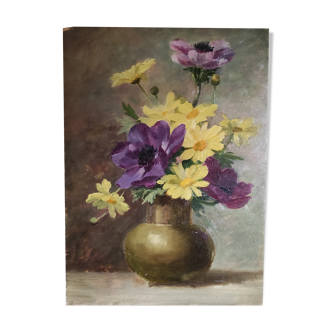 Table bouquet of flowers oil on cardboard