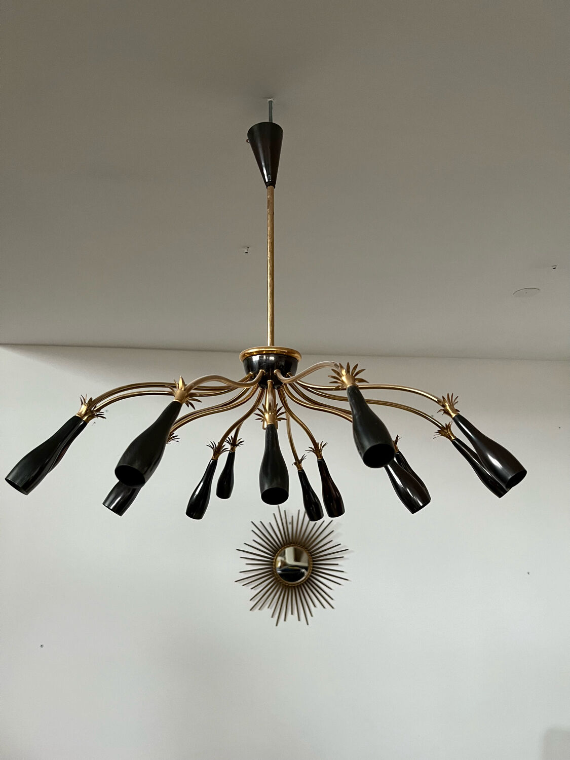 Old spider chandelier Italian metal, vintage Sputnik lamp 15 lights