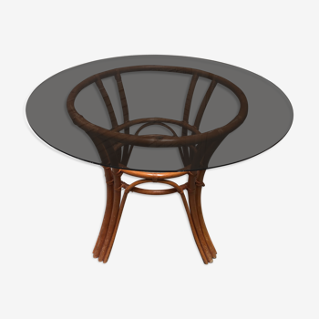Vintage vintage bamboo round dining table with smoked glass tray, 1970