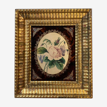 École Française du XIXeme siècle : aquarelle a la rose dans un médaillon enchâssé