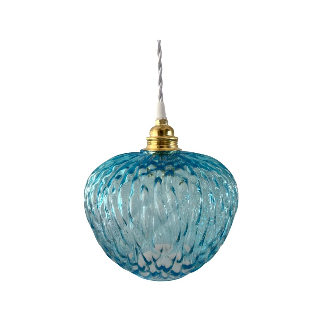 Suspension vintage bleue turquoise en verre ciselé électrifiée à neuf