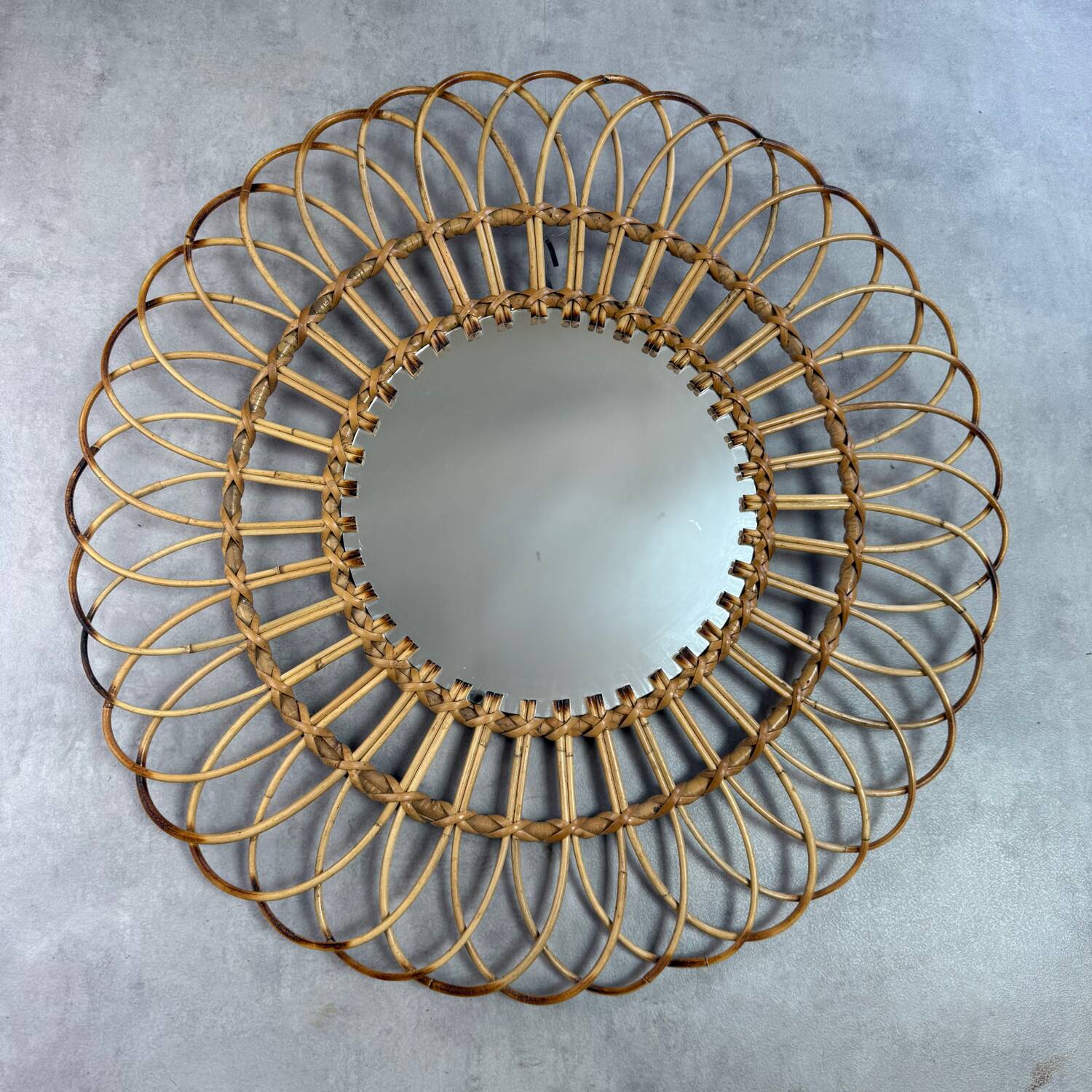 Round Sun Mirror in Rattan from the 1950s Spain Ibiza