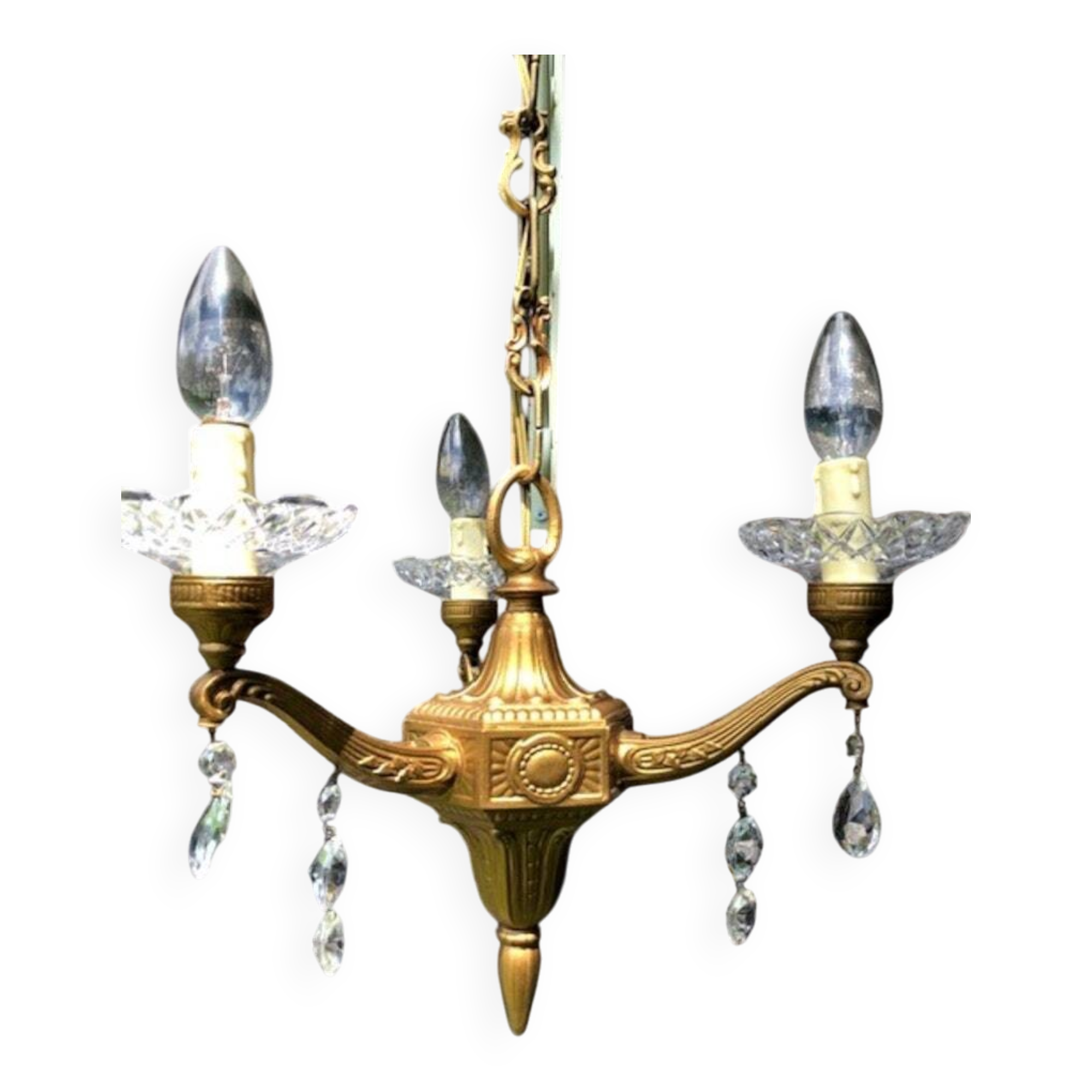 Gilt French Chandelier: Neo Classical 3-Branch Crystal Pendant Light