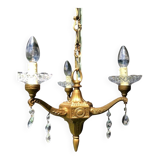 Gilt French Chandelier: Neo Classical 3-Branch Crystal Pendant Light
