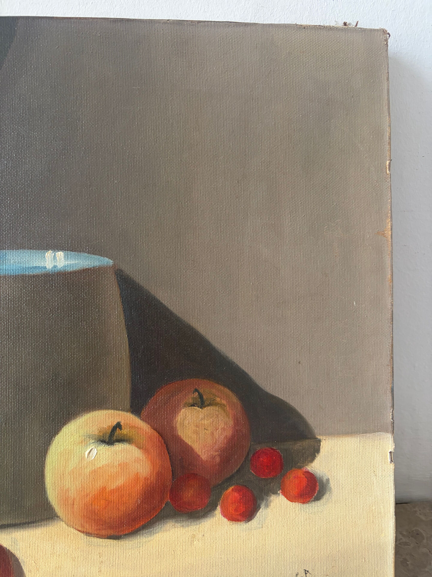 Still life with blue veil, oil on canvas signed