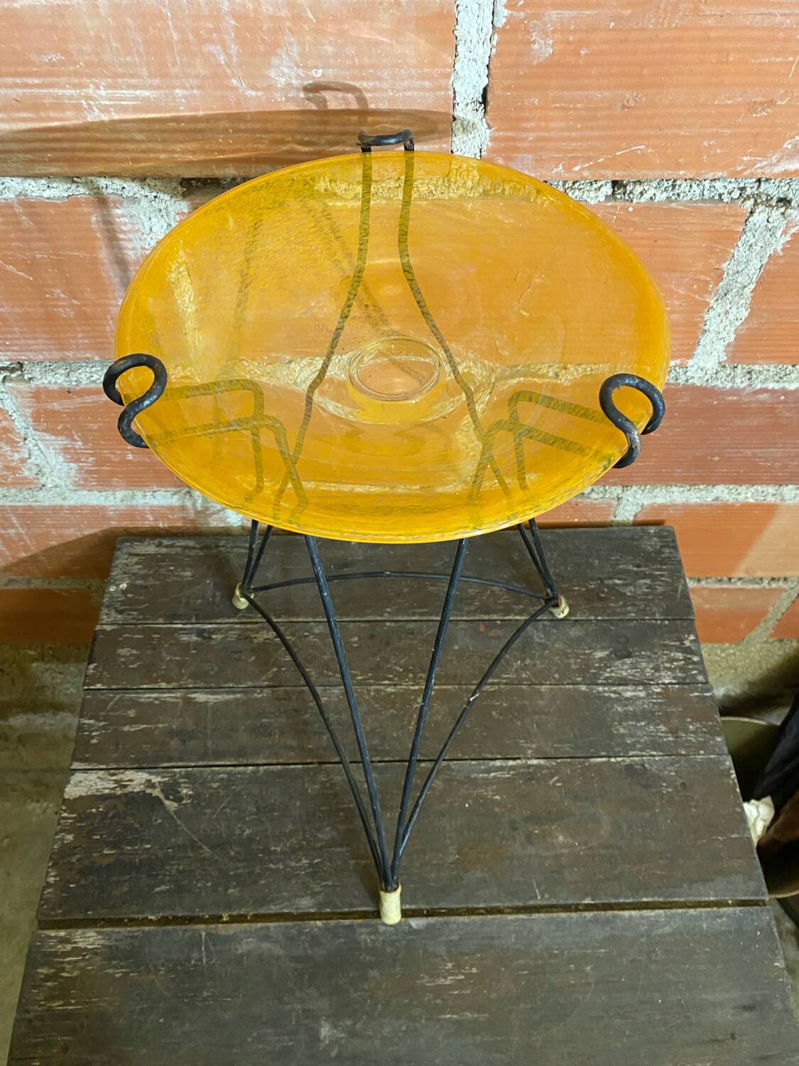 Antique Tripod Side Table Black Metal & Yellow Glass Bowl Years