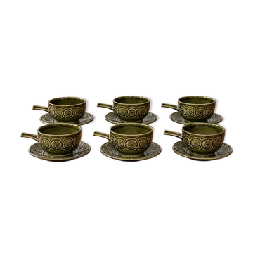 Service vintage Tams England – 6 bols à soupe à manche et soucoupes en céramique vert olive