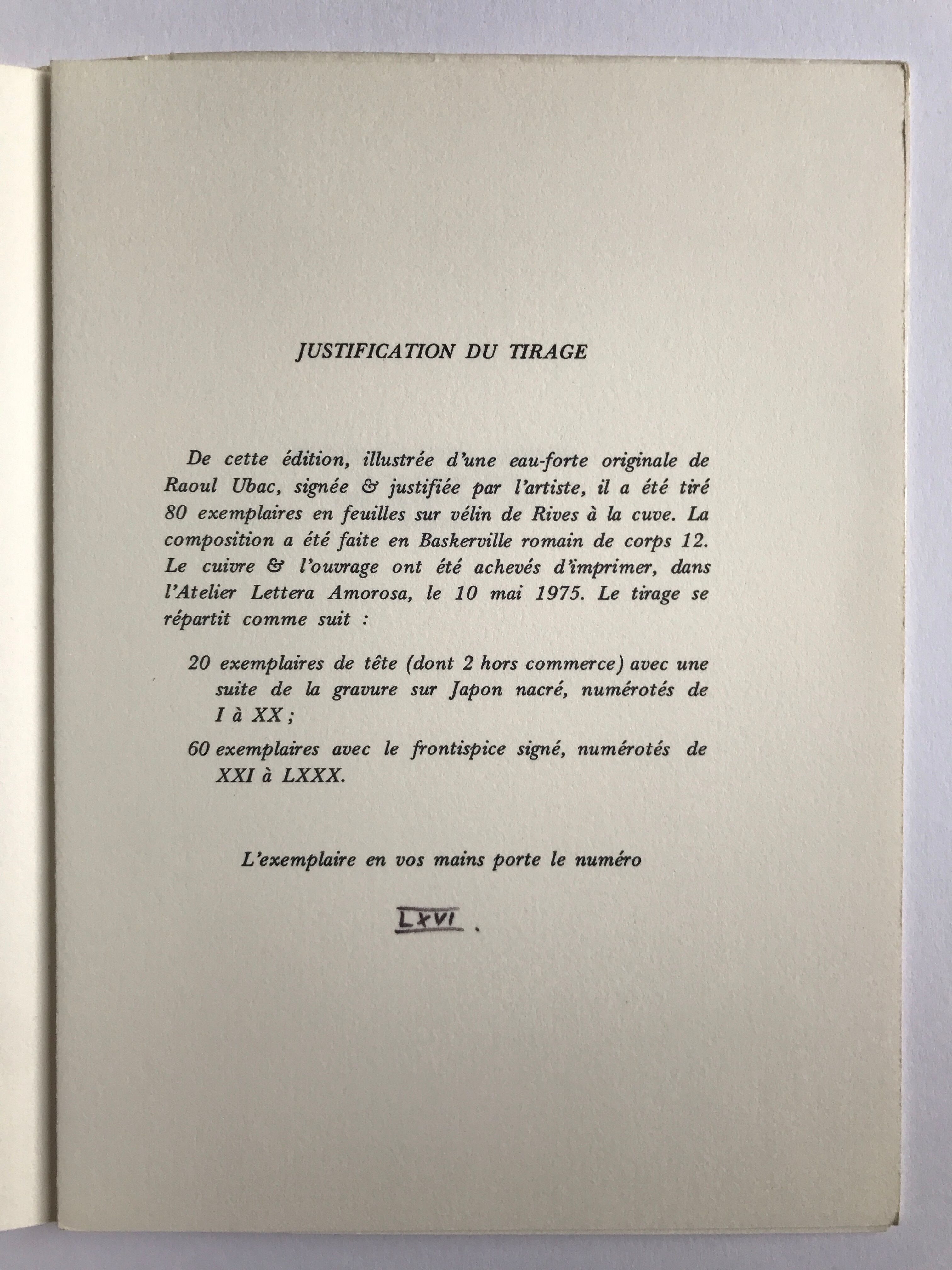 Original etching signed and justified by Raoul UBAC, Letter from Los Chandos, 1975