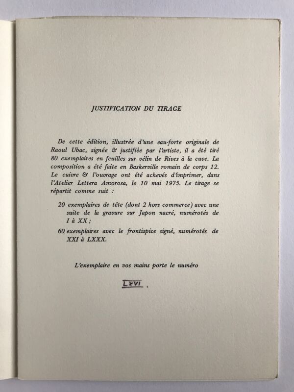 Eau-forte originale signée et justifiée de Raoul UBAC, Lettre de Los Chandos, 1975