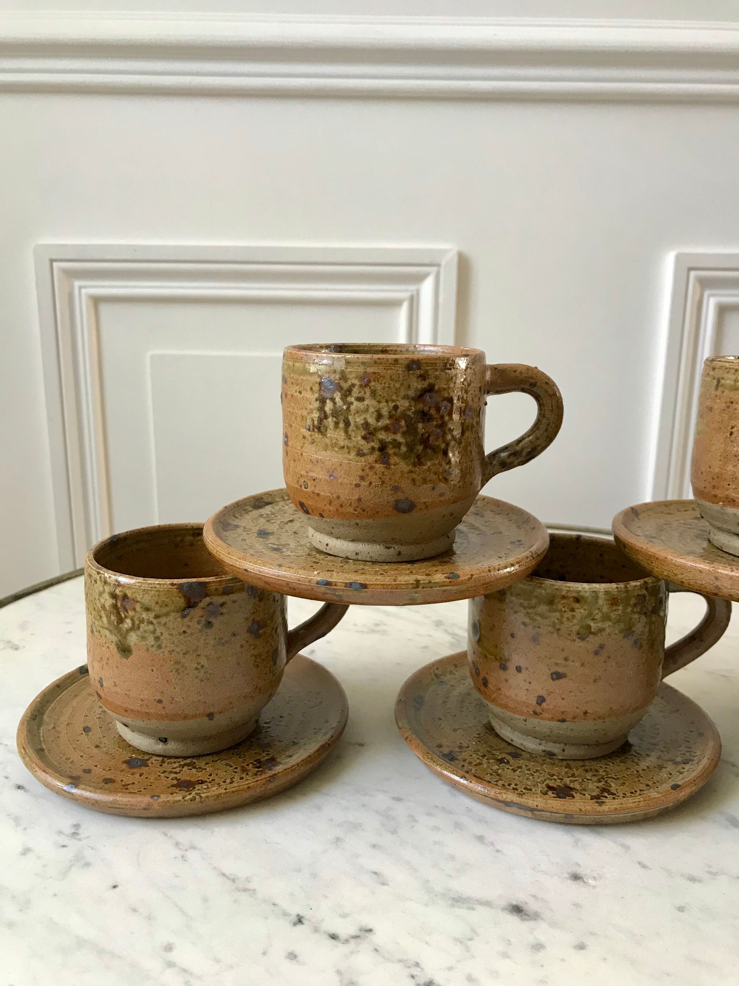 coffee service 6 cups and saucers, teapot and sugar bowl in ceramic / pottery / stoneware years 50-6