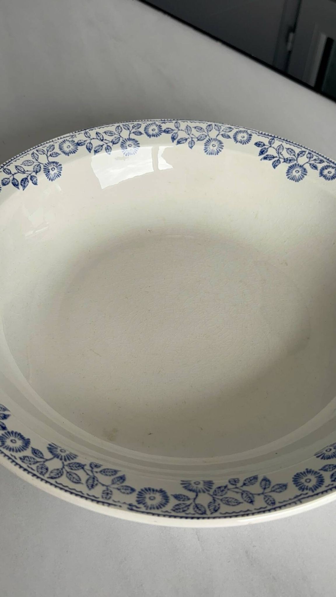 Large round salad bowl, antique blue St-Amandinoise ironstone plate.