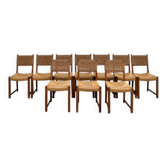 Set of ten hand-woven solid elm chairs, France circa 1965