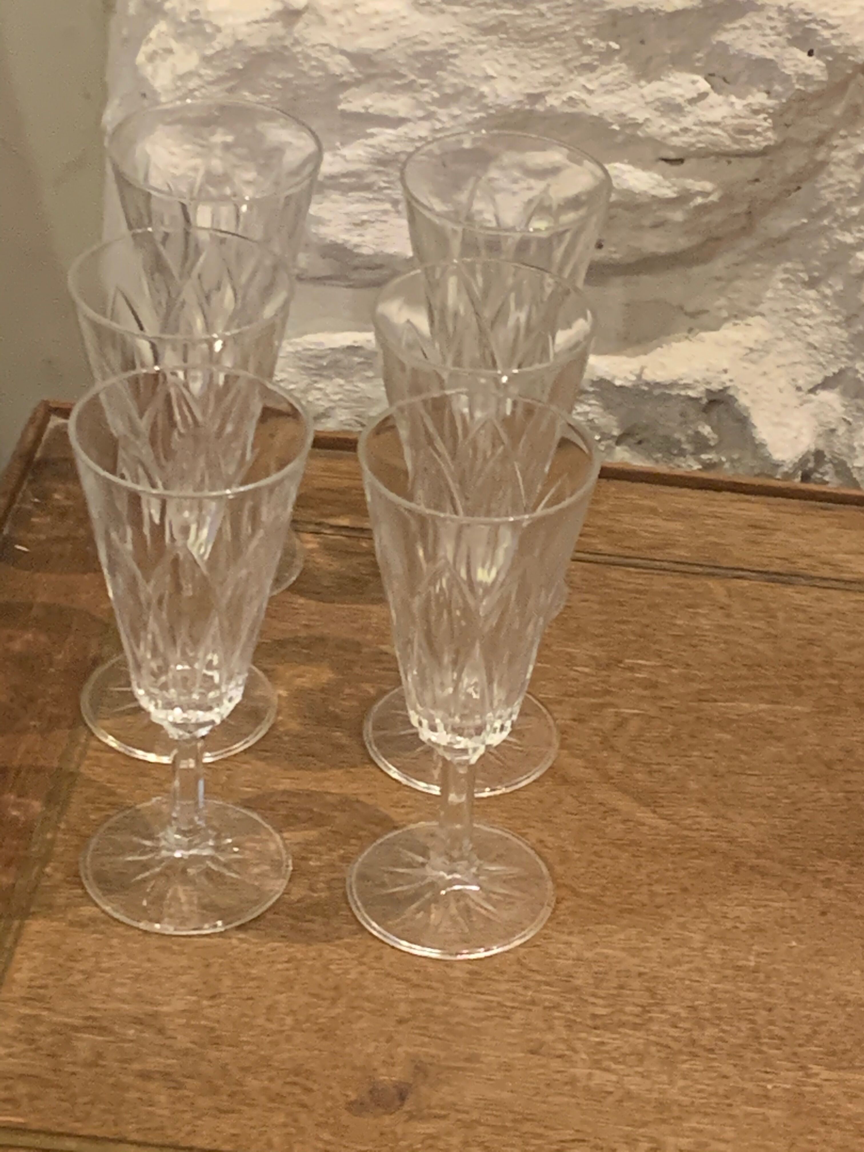 6 vintage champagne flutes patterned leaves or petals