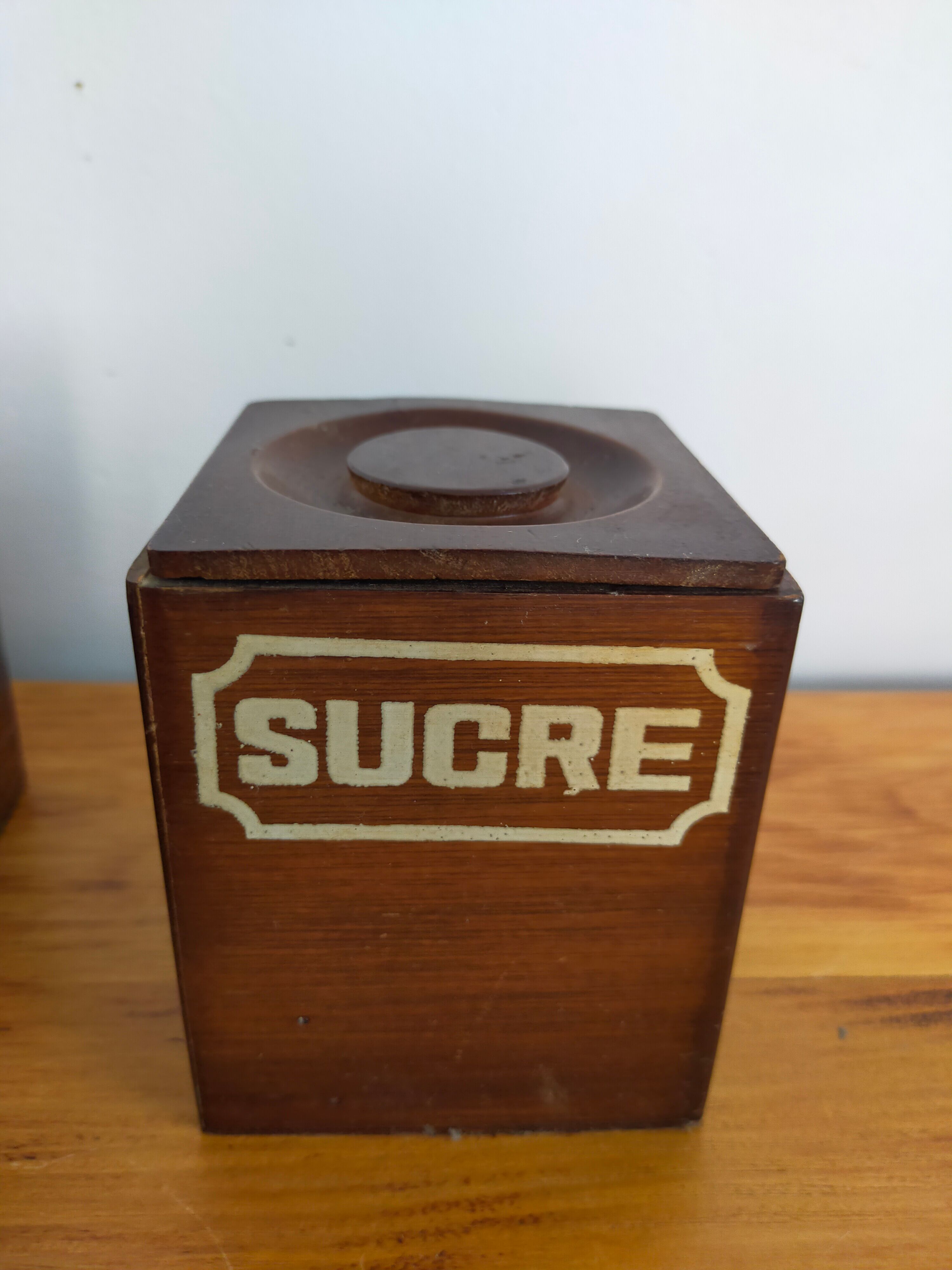 Vintage wooden spice boxes old coffee sugar