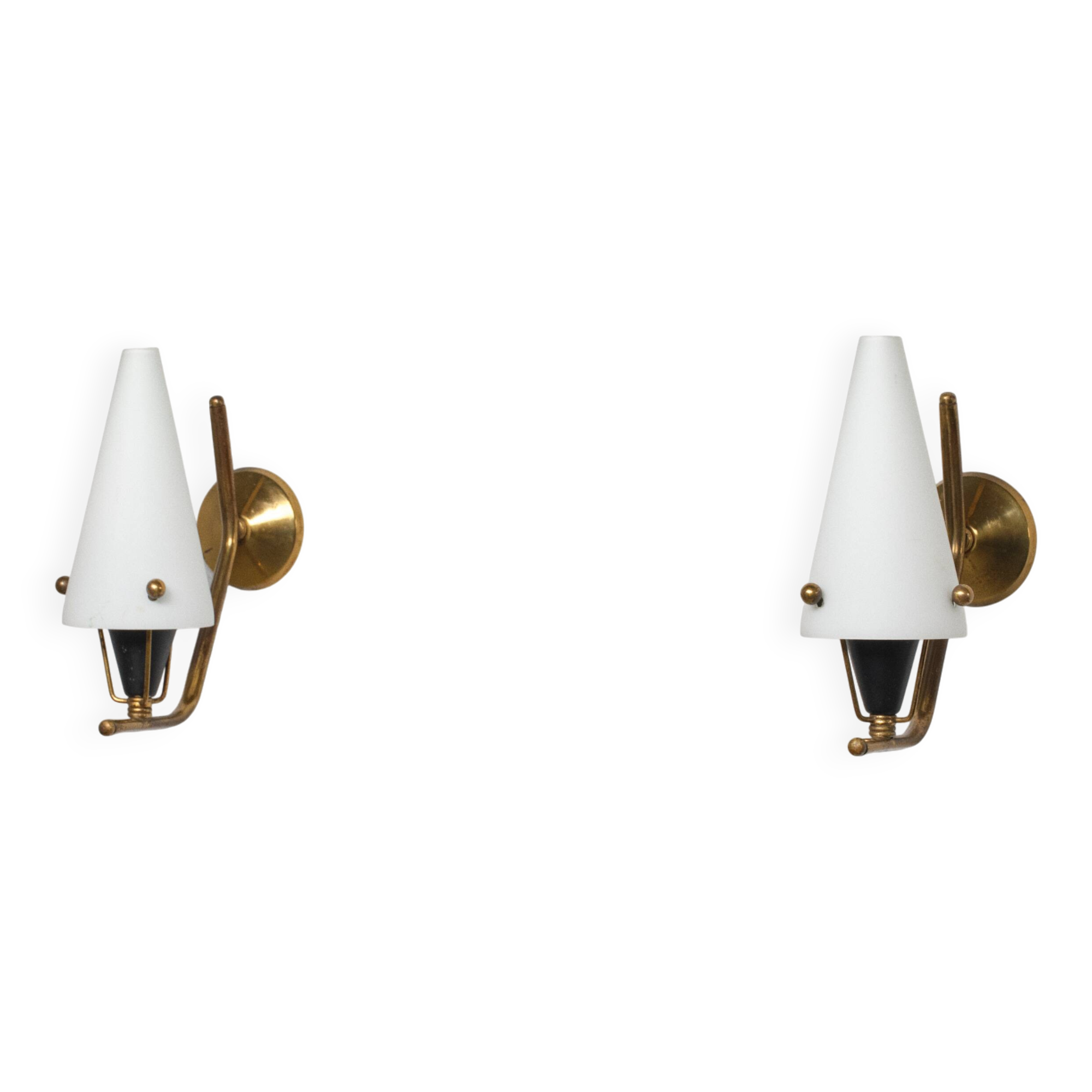 Pair of 1950s Italian Brass Sconces with Conical Opaline Glass Shades