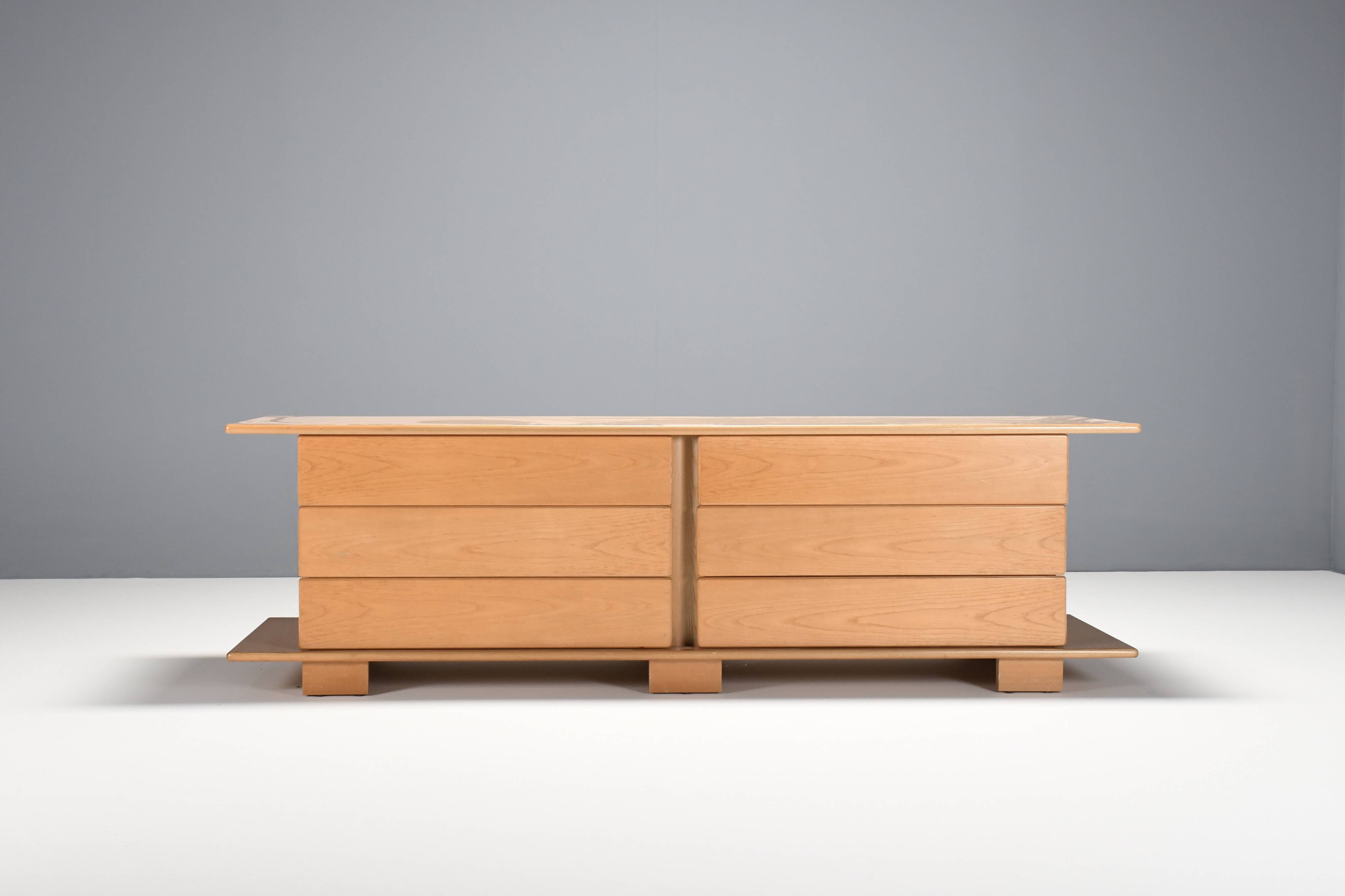 1970s Italian Sideboard in Beech Veneer with Six Drawers