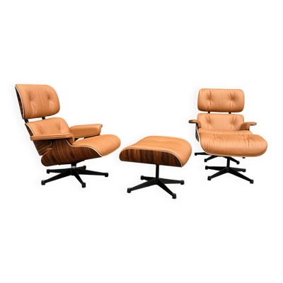 2 x Vitra Eames Lounge chair XL +Ottoman, Cognac leder & Santos Palissander