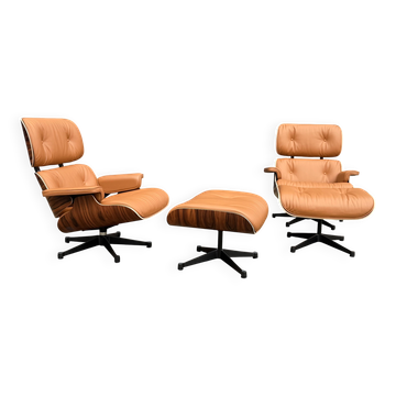 2 x Vitra Eames Lounge Chair XL + Ottoman, Cognac leather & Santos Rosewood