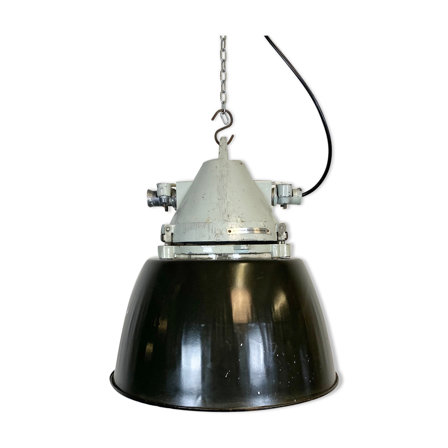 Grey cast aluminium explosion proof lamp with black enameled shade
