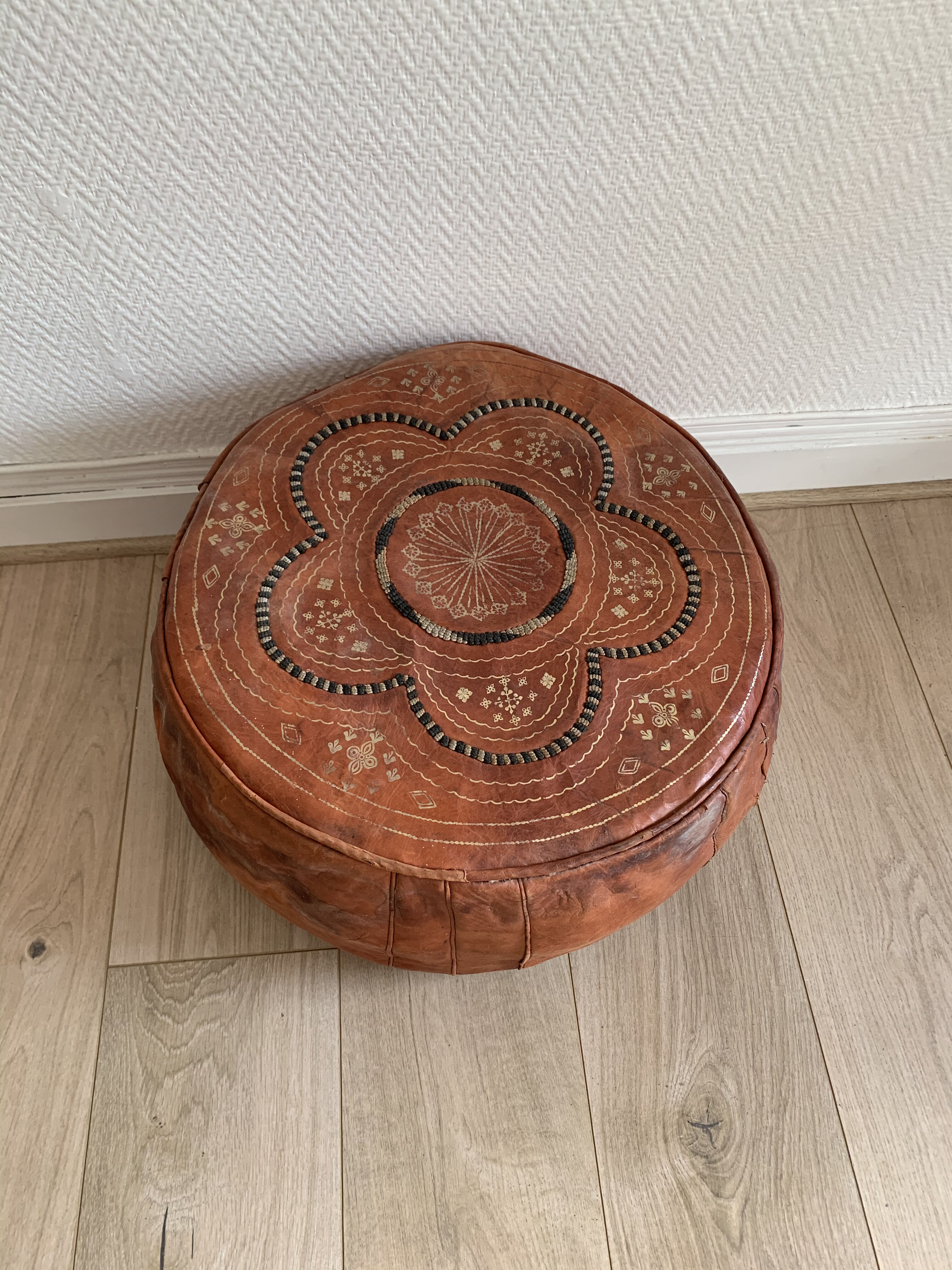 Vintage Moroccan leather pouf