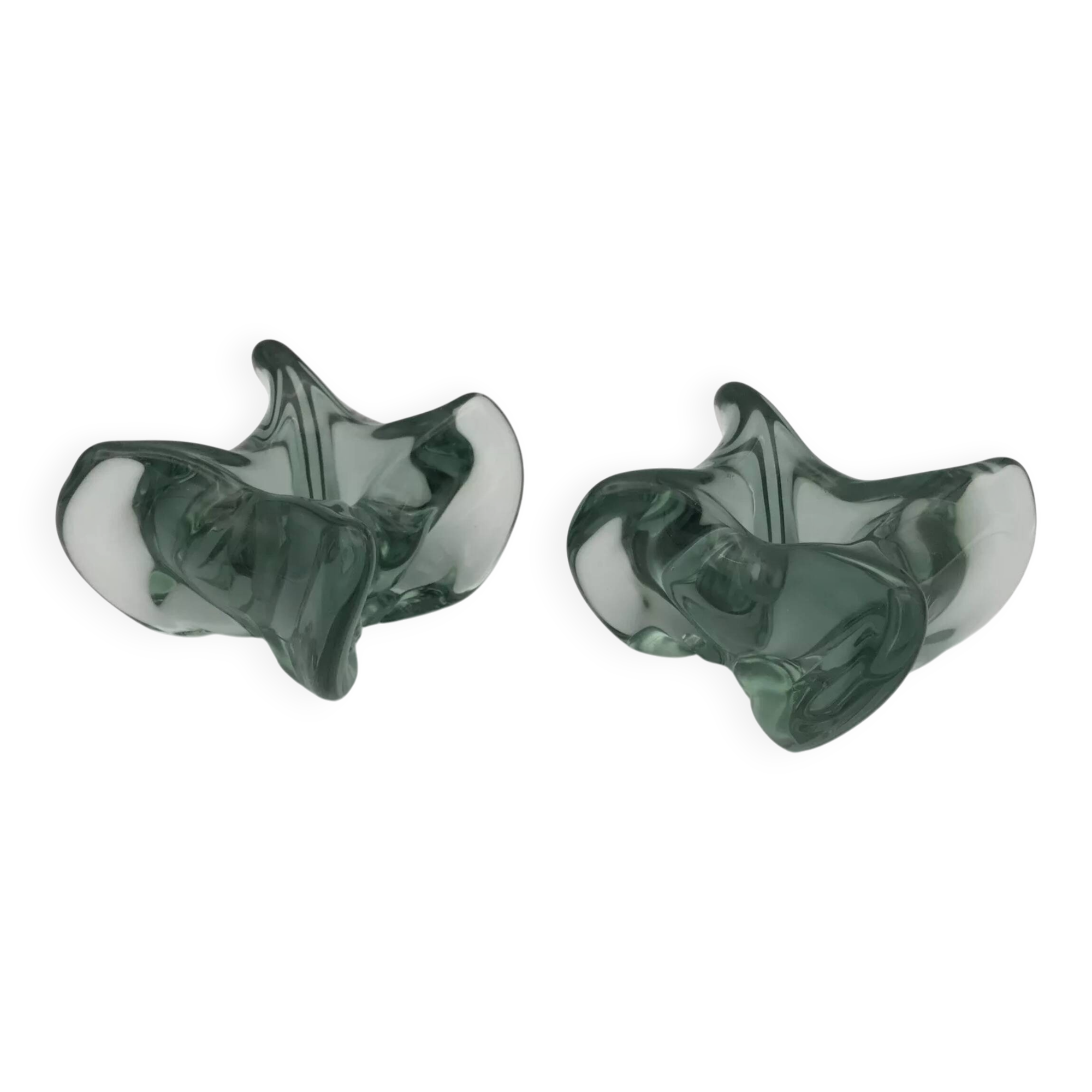 Pair of vintage blue/green tinted glass candlesticks from the 70s